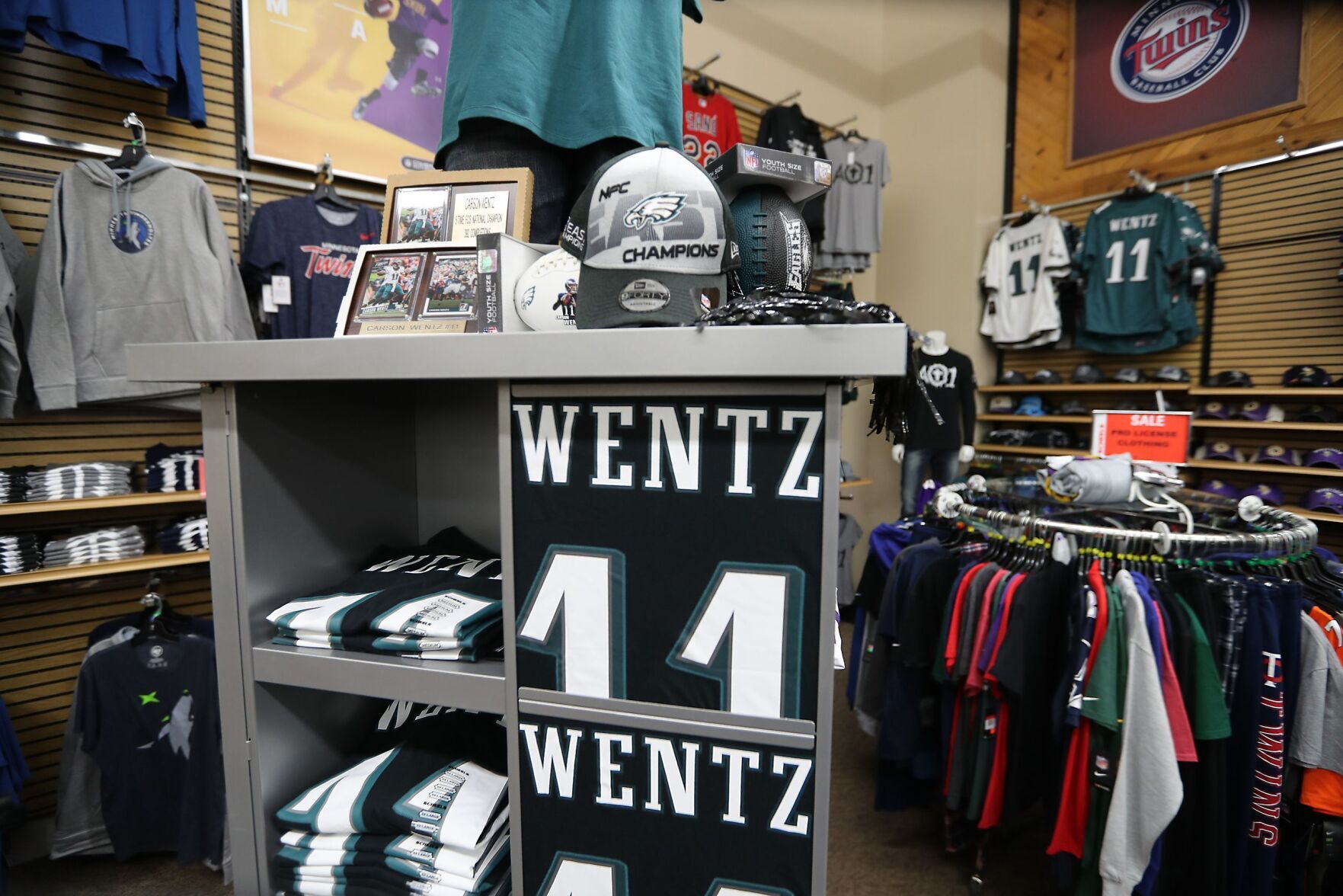 Carson Wentz jerseys and gear were available at a Fargo sporting goods store during the week ahead of Super Bowl LII.